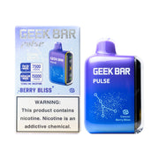 A product image of a disposable vape, the Geek Bar Pulse 15000 in the Berry Bliss flavor. The image displays both the packaging box on the left and the device itself on the right.